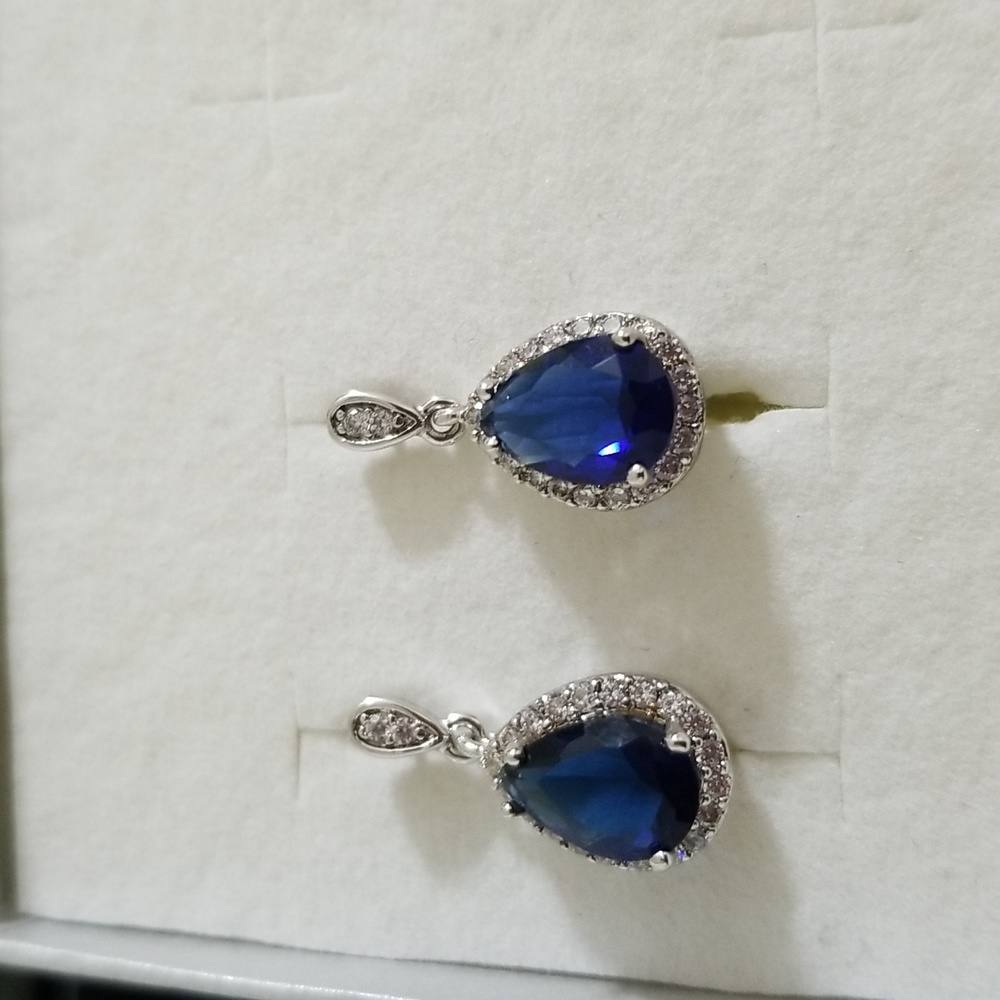 New silver  Blue Cubic Zirconia Drop Earrings  approx .75 length, .43 widest pt